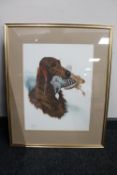 A gilt framed print of an Irish setter with game bird