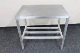 A stainless steel prep table