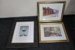 Two gilt framed Sir William Russell Flint prints and a framed still life print of a wine glass