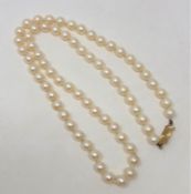 A cultured pearl necklace on yellow metal indistinctly marked clasp,