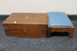 An oak footstool with carved beaver signature and a Victorian walnut writing box