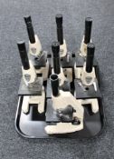 A tray of seven Tecnar Swift microscopes (one missing eye piece)
