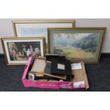 Three framed prints and a box of prints and picture frames