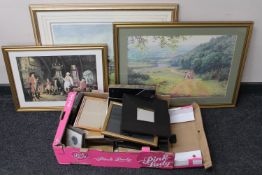 Three framed prints and a box of prints and picture frames