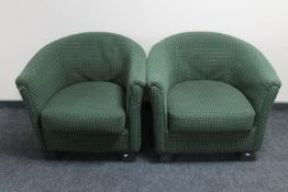 A pair of pub style tub chairs in green fabric