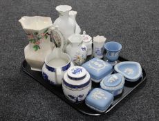 A tray of Wedgwood blue and white Jasperware, Maling jug,