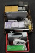 Two boxes and crate of electrical items, hifi's VHS player, DVD player,