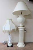 An Elegance Collection figural table lamp of a lady and a cream and gilt table lamp and shade on