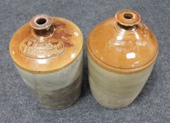 Two antique stoneware flagons marked Plews & Sons, Bedale and W. Sadler, W.