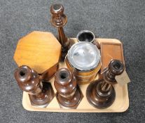 A tray of ebonised and boxwood chess set in box, two pairs of turned beech candlesticks,