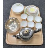 A tray of plated teapot, plated bowl,