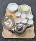 A tray of plated teapot, plated bowl,