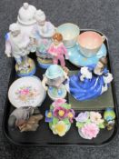 A tray of Maling cups and saucers, pair of bisque figures, two Royal Worcester figures (a/f),