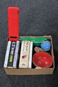 A box of books relating to Afghanistan and Pakistan, white metal mounted bowls,