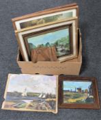 A box of pair of Polynesian framed prints together with four oils on board depicting boats on water,