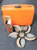 A Visa hard shell luggage case together with a boxed Aladdin's pump pot and a 1970's five way light