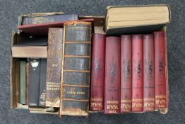 A box of antiquarian and later books : leather bound bible, two volumes Larousse Universel,