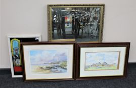 A gilt framed etched mirror together with a framed religious silvered print and two further framed