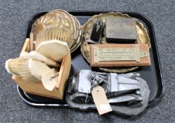 A tray of ivory backed dressing table items, glove stretchers etc, pewter model of a motor car,