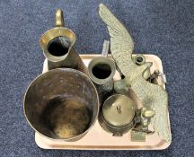 A tray of bass figure of an eagle perched on branch, miner figures, planter, jug, biscuit jar,