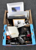 Two boxes of cameras, camera accessories, 19"LCD TV,