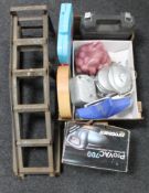 A box of light fittings, wall clock, Workzone drill,