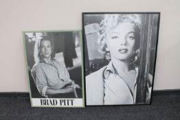 Two framed black and white posters - Brad Pitt and Marilyn Monroe
