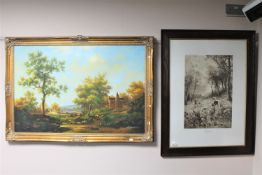 An Edwardian oak framed print titled 'Poppy Land' and a gilt framed oil on canvas of a figure