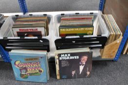 Two plastic crates and wooden box containing large quantity of LP records and box sets including