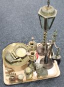 A tray of brass bust of Sir Winston Churchill, companion set, oil can, pair of candlesticks, lamp,