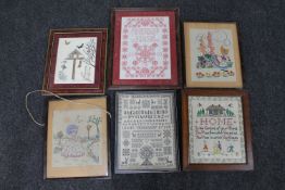 Six needlework samplers and pictures