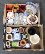 Two boxes of assorted china and glass ware to include West German vase, Ringtons caddy,