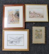 A gilt framed watercolour depicting gun dogs, watercolour of a rural dwelling signed R.