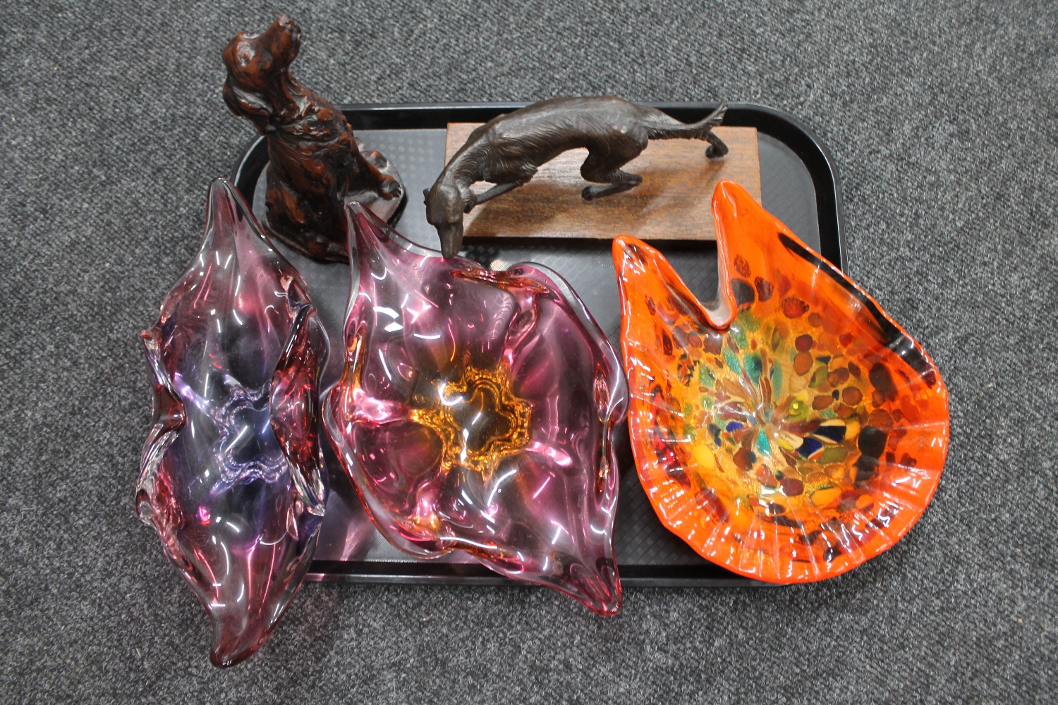 A tray of studio glass bowl, two Venetian glass bowls,