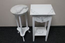 A shabby chic two tier side table and a two tier marble topped plant stand