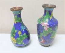 Two blue cloisonne floral patterned vases
