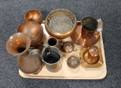 A tray of copper ware including vase, goblets,