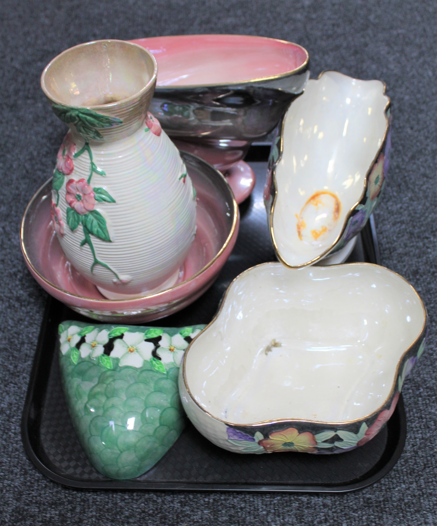 A tray of six pieces of Maling lustre ware