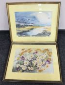 A framed watercolour study of flowers signed Rudy and a further framed watercolour of a marshland