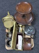 A tray of oak cake stand, brass watering can, plated cutlery,