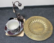 A tray of pottery bowl, plate planter and mug, figural table lamp,