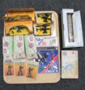 A tray of boxed Crescent and Britains artillery guns, airfix, matchbox, state coach,