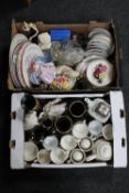 Two boxes of tea china, figures, glass ware, collector's plates,