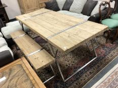 An industrial style plank top table on polished steel support, width 203 cm x 89 cm,