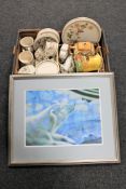 A box of English earthenware dinner china, Lladro figure of a girl etc,