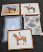 Five framed horse racing pictures