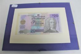 A framed Royal Bank of Scotland £20 note,
