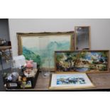 A large gilt framed print : Highland scene, print, wall mirror and tapestry, box of cat ornaments,