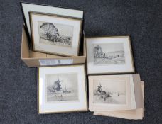 A box of framed and unframed signed black and white engravings, Dutch windmill scene,