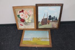 Three oak framed oils on canvas - Rowing boat at low tide,